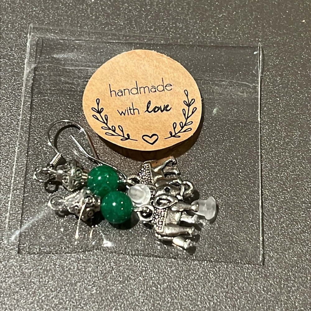 Silver tone Elephant Earrings with Green Beads NIP